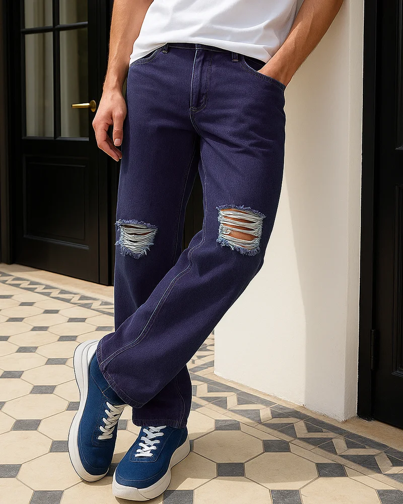 بيواكوف Men's Indigo Blue Washed Baggy Fit Distressed Mid-Rise Jeans